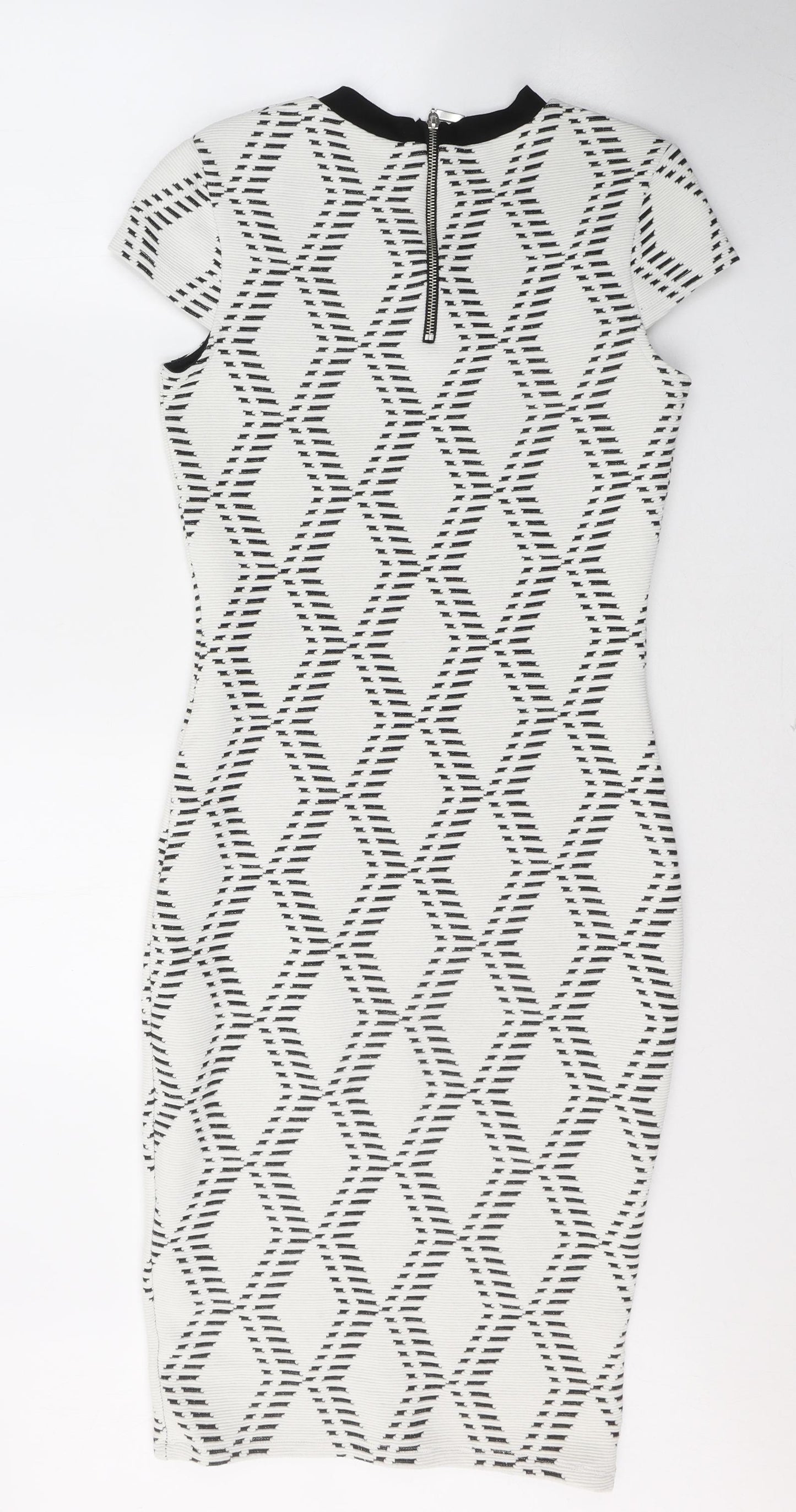 River Island Womens White Geometric Cotton A-Line  Size 10  Round Neck Zip