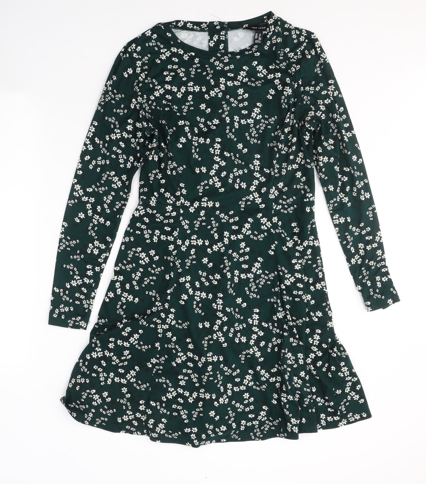 New Look Womens Green Floral Polyester A-Line  Size 10  Round Neck Zip