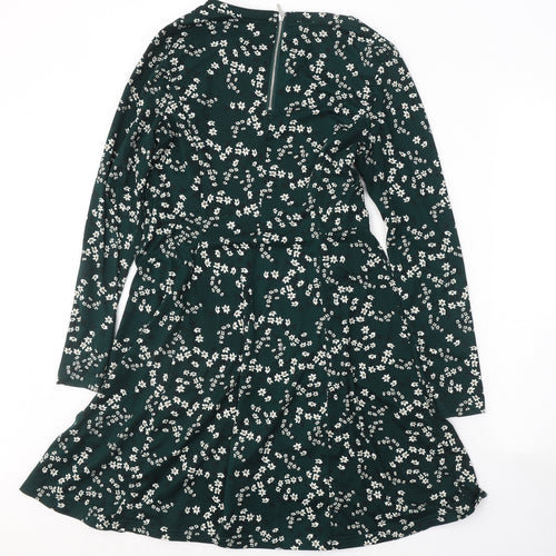 New Look Womens Green Floral Polyester A-Line  Size 10  Round Neck Zip