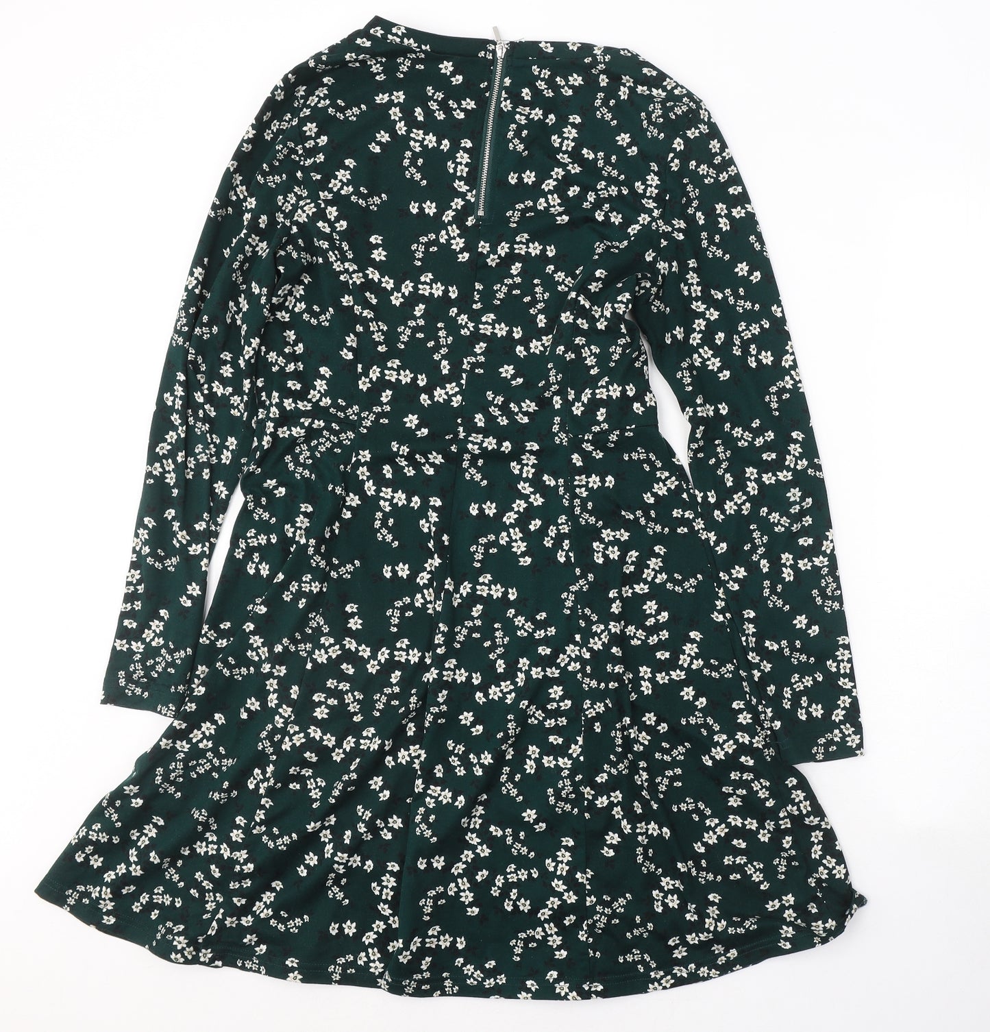 New Look Womens Green Floral Polyester A-Line  Size 10  Round Neck Zip