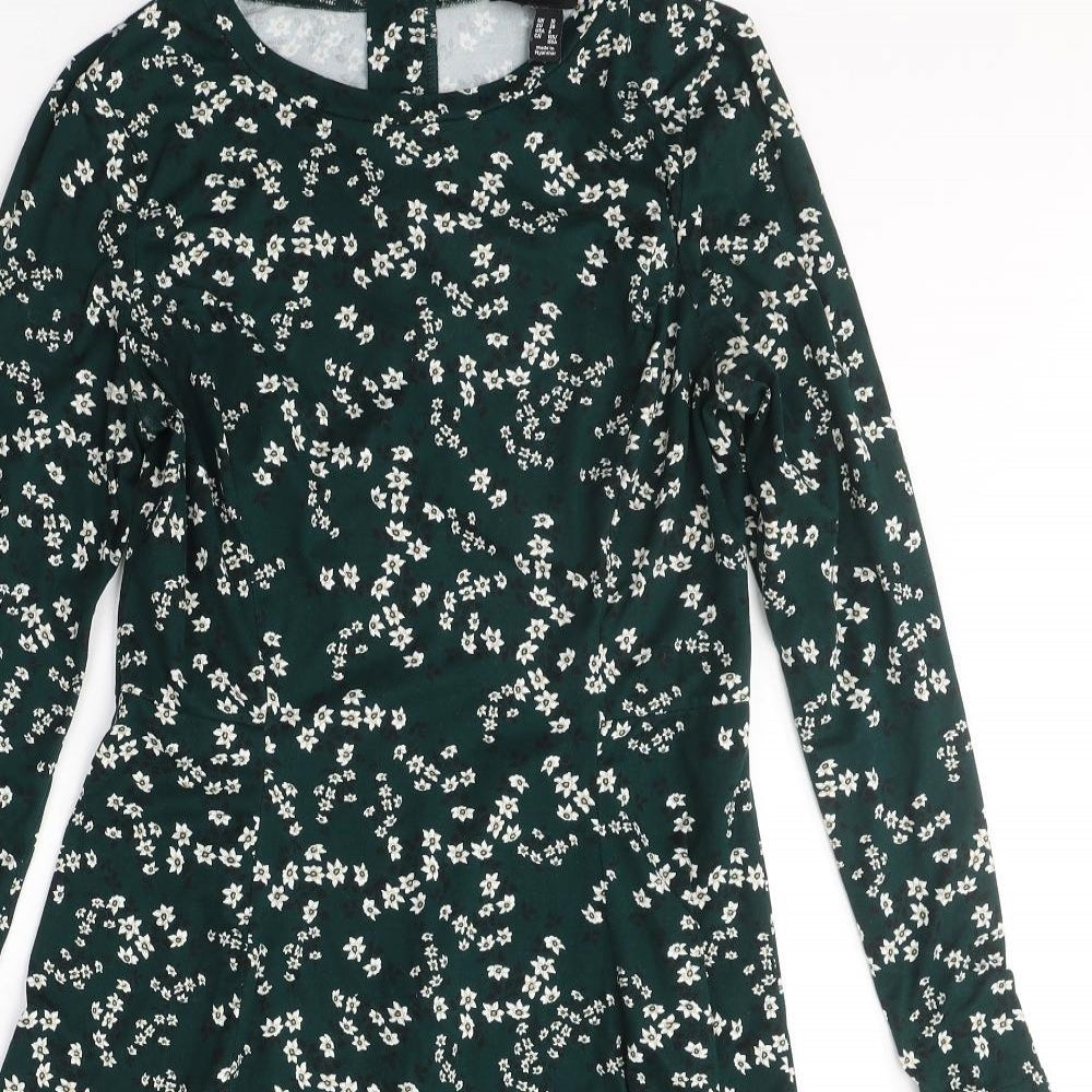 New Look Womens Green Floral Polyester A-Line  Size 10  Round Neck Zip