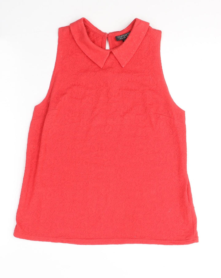 Topshop Womens Red Geometric Cotton Jersey Tank Size 10 Round Neck