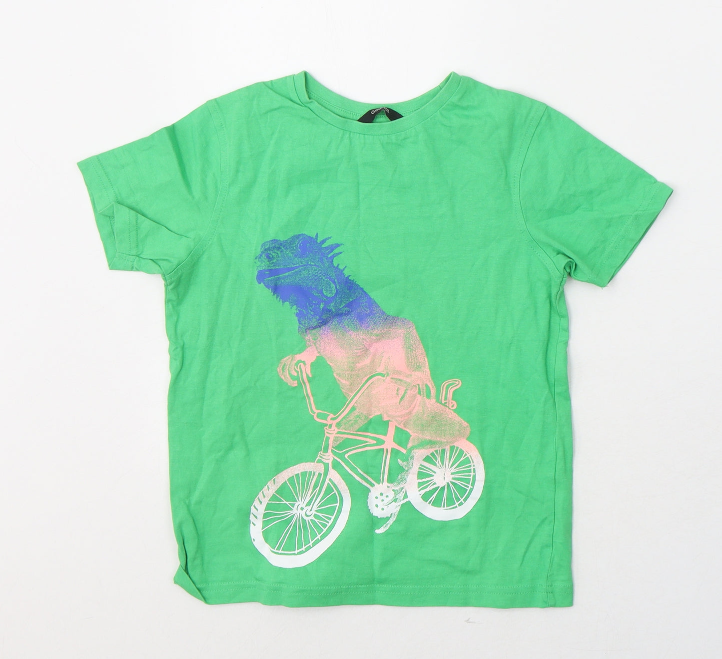 George Boys Green  Cotton Basic T-Shirt Size 7-8 Years Round Neck Pullover - Dinosaur on a bike