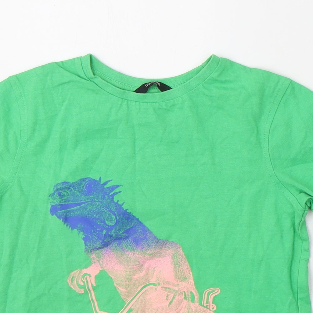 George Boys Green  Cotton Basic T-Shirt Size 7-8 Years Round Neck Pullover - Dinosaur on a bike