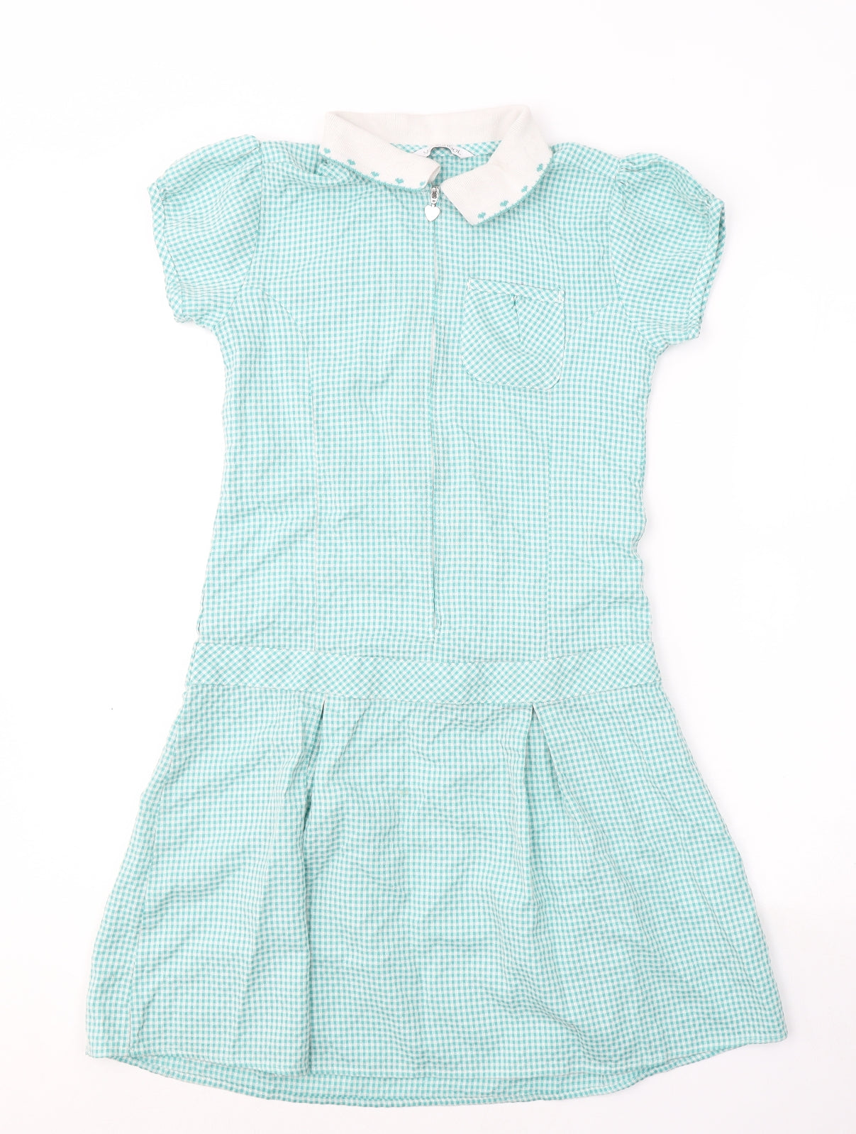 Marks and Spencer Girls Green Check Viscose T-Shirt Dress  Size 11-12 Years  Collared Zip - School