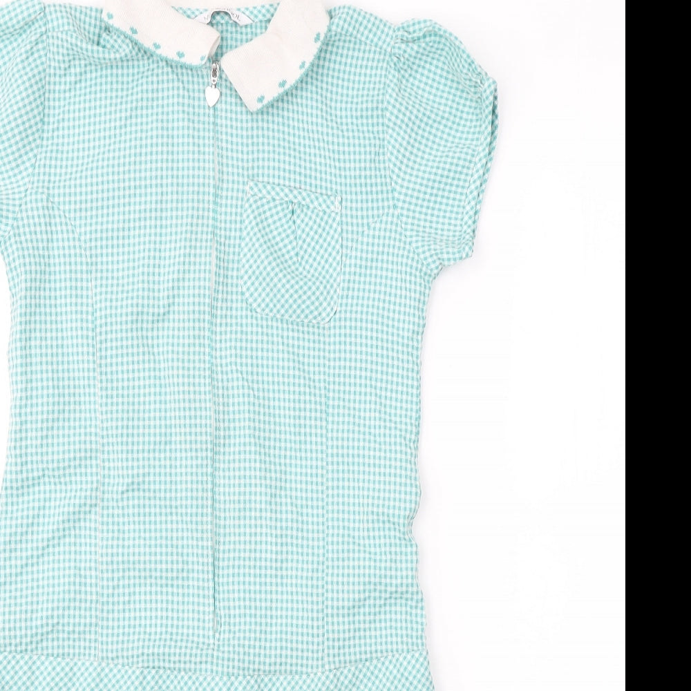 Marks and Spencer Girls Green Check Viscose T-Shirt Dress  Size 11-12 Years  Collared Zip - School