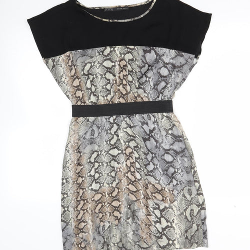 Zara Womens Black Animal Print Viscose Fit & Flare  Size S  Scoop Neck