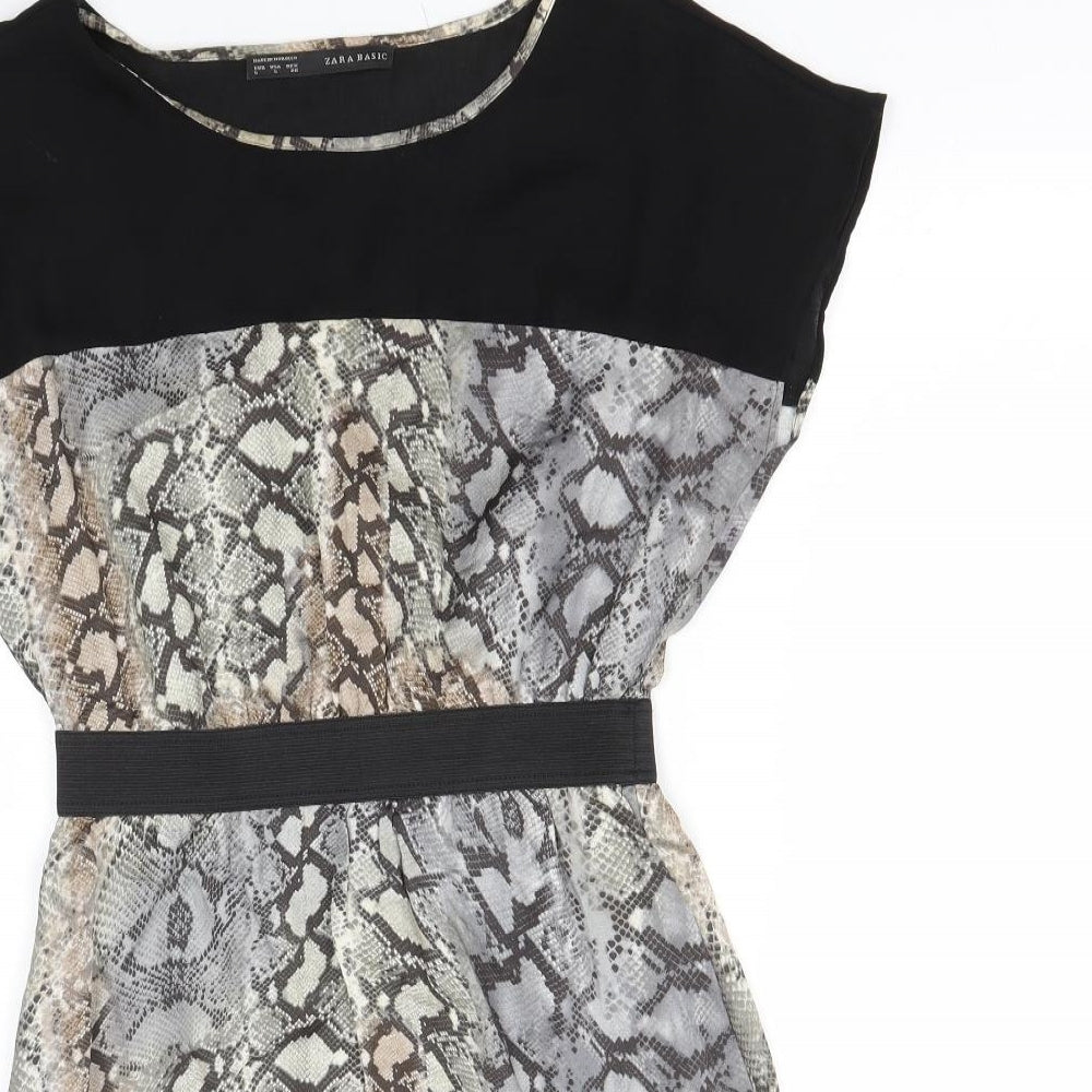 Zara Womens Black Animal Print Viscose Fit & Flare  Size S  Scoop Neck