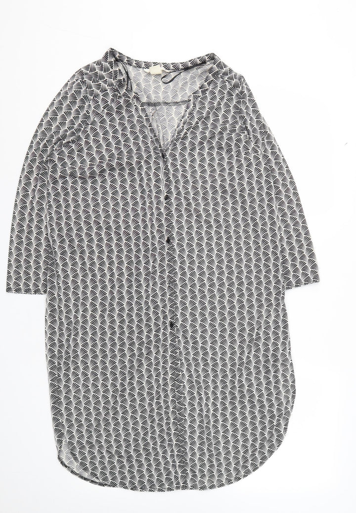 H&M Womens Black Geometric Polyester Basic Button-Up Size S V-Neck