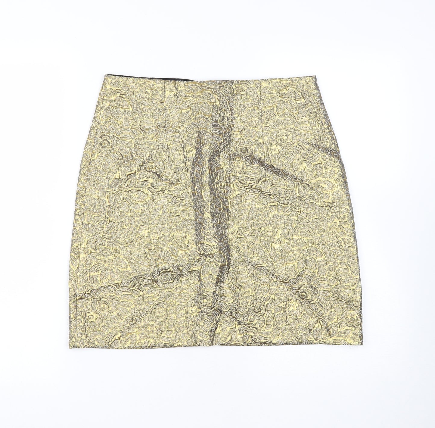 Marks and Spencer Womens Gold Geometric Cotton A-Line Skirt Size 10   Zip