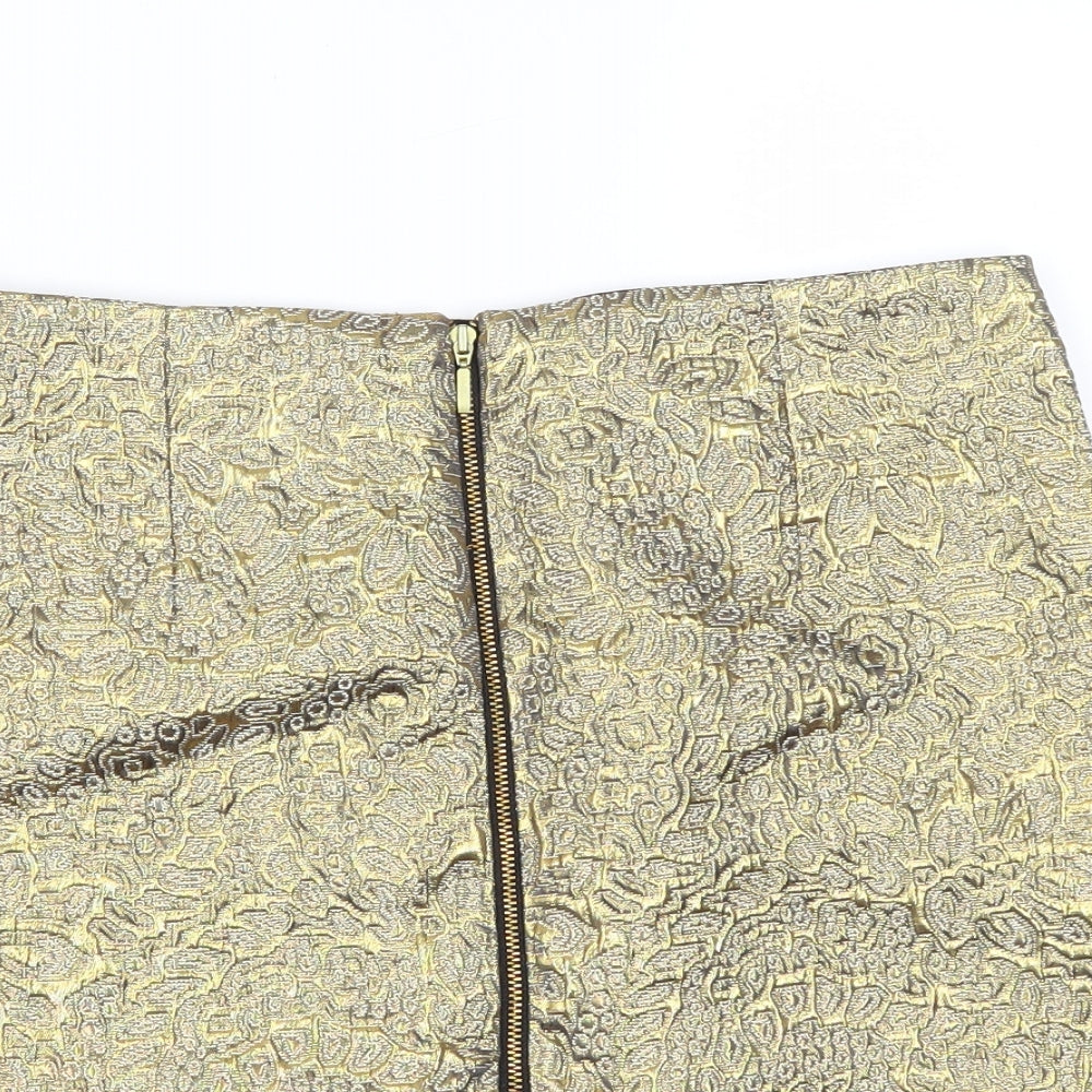Marks and Spencer Womens Gold Geometric Cotton A-Line Skirt Size 10   Zip