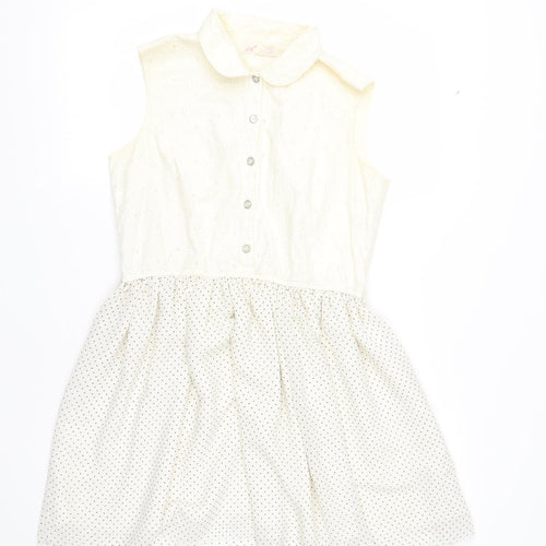 Marks and Spencer Womens White Polka Dot Cotton Fit & Flare  Size M  Collared Button
