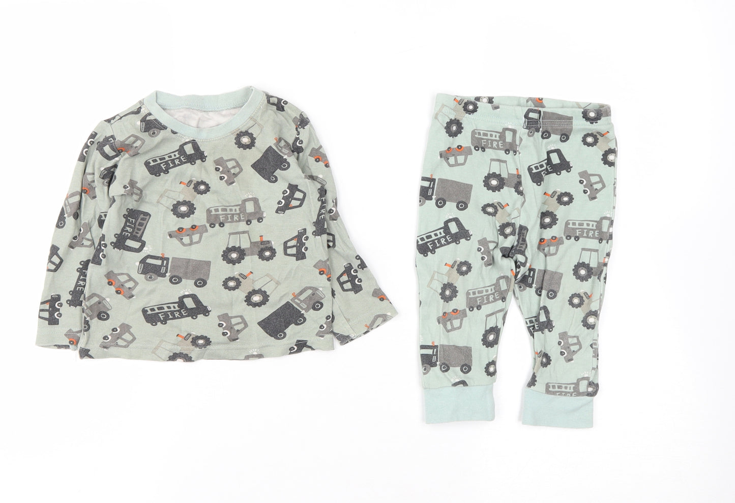 Dunnes Stores Boys Green Solid Cotton Cami Pyjama Set Size 9-12 Months   - Fire Engine Print