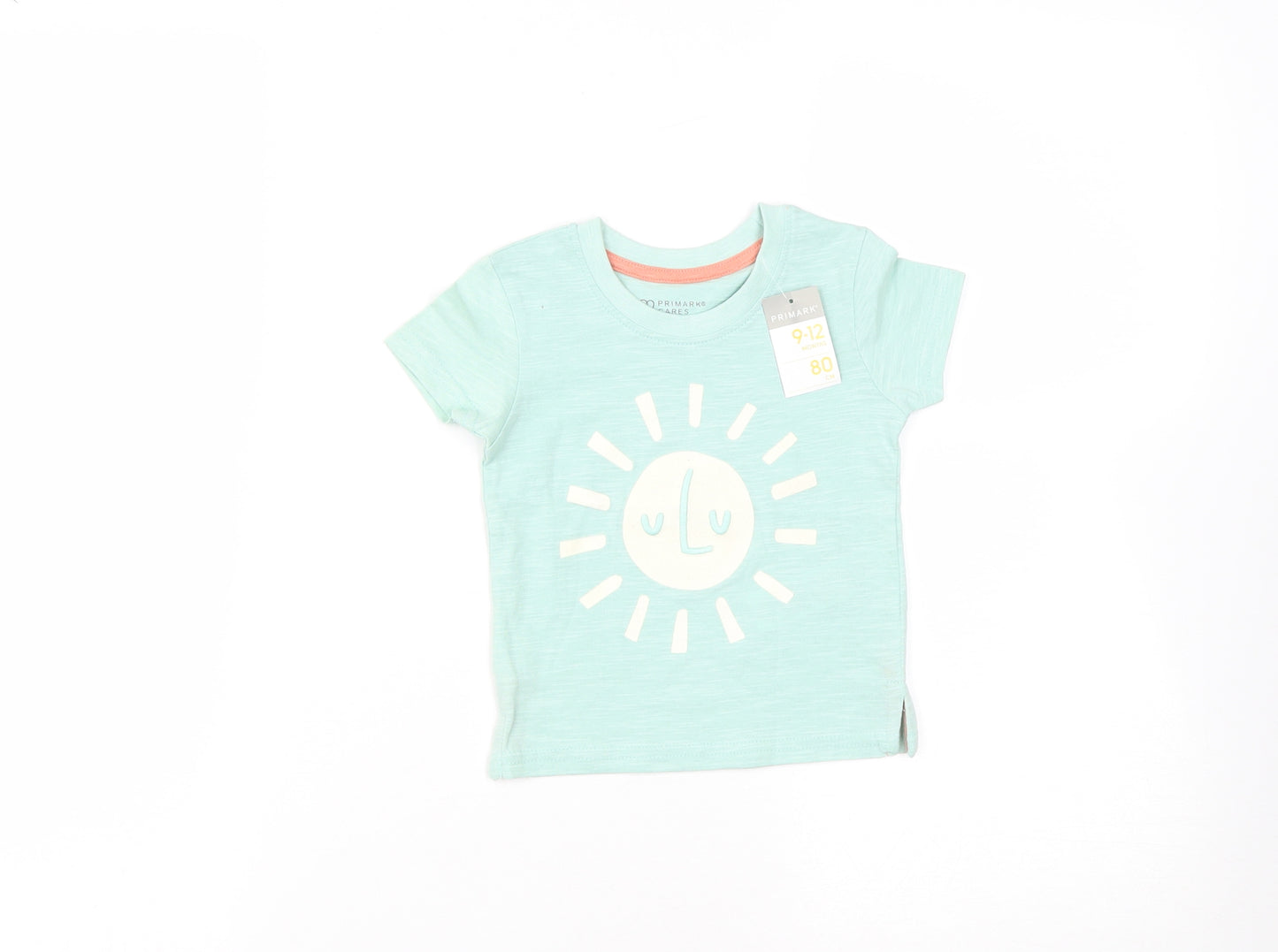 Primark Baby Green  Cotton Basic T-Shirt Size 9-12 Months Round Neck  - Sun Print