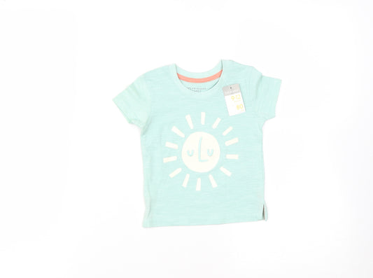 Front view of Primark Baby Green Cotton Basic T-Shirt, size 9-12, Months Round Neck - Sun Print