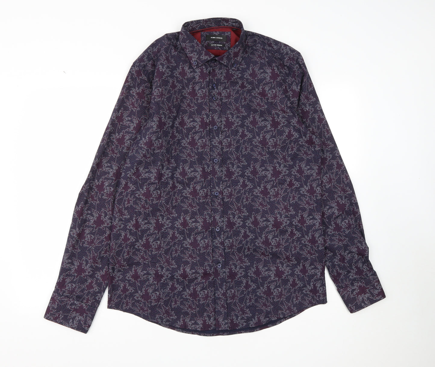 Guide London Mens Purple Geometric Cotton  Button-Up Size L Collared Button