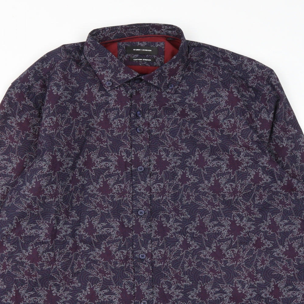 Guide London Mens Purple Geometric Cotton  Button-Up Size L Collared Button