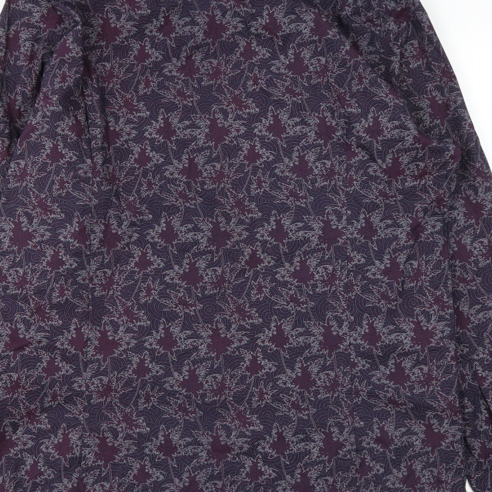 Guide London Mens Purple Geometric Cotton  Button-Up Size L Collared Button