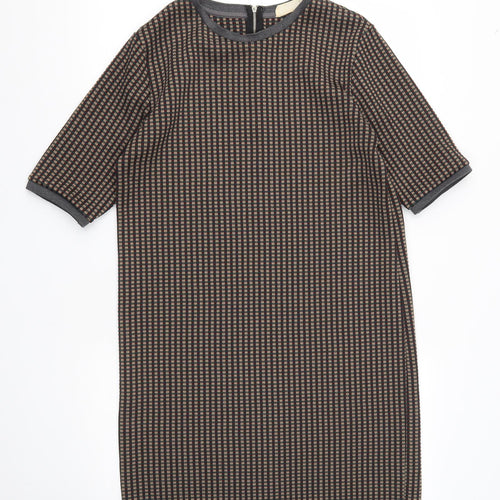 Zara Womens Brown Plaid Polyester A-Line  Size L  Round Neck Zip