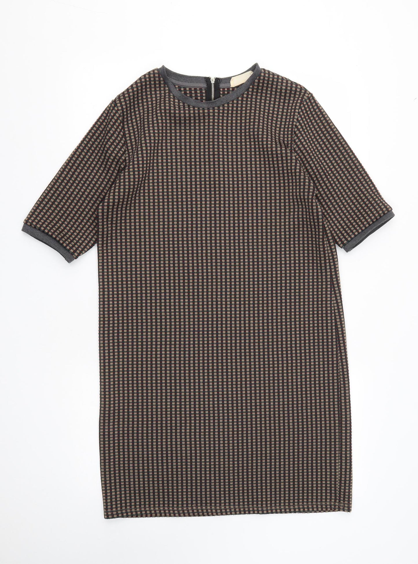 Zara Womens Brown Plaid Polyester A-Line  Size L  Round Neck Zip