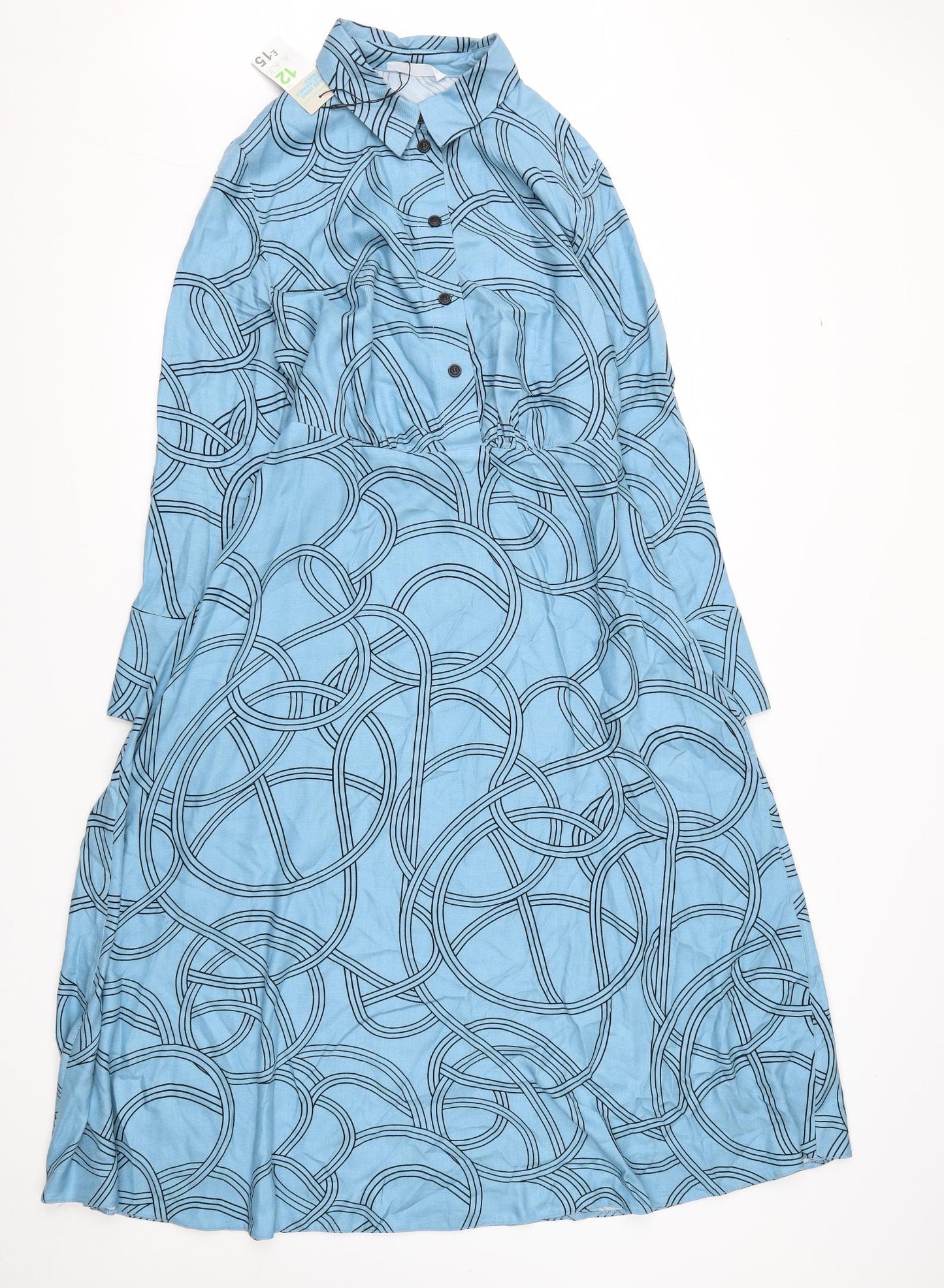 Primark Womens Blue Geometric Cotton Shirt Dress  Size 12  Collared Button