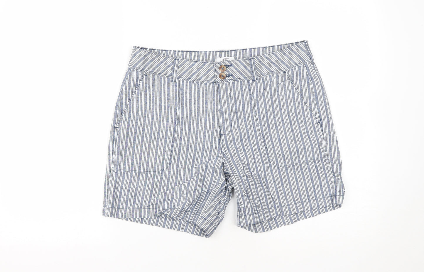 F&F Womens Blue Striped Linen Bermuda Shorts Size 10 L6 in Regular Zip