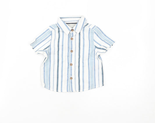 Front view of Primark boys’ blue striped cotton basic button-up, size 3-6, months collared button