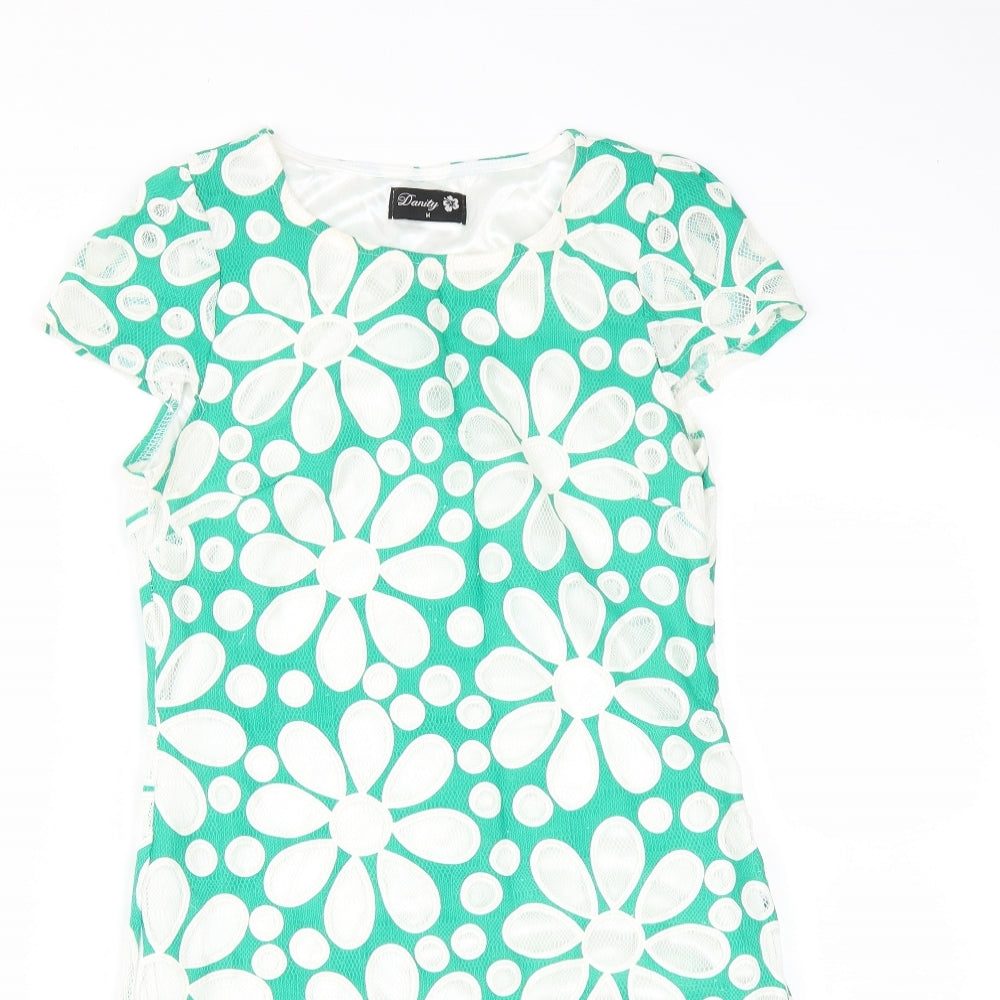 Danity Womens Green Floral Cotton A-Line  Size M  Round Neck Zip