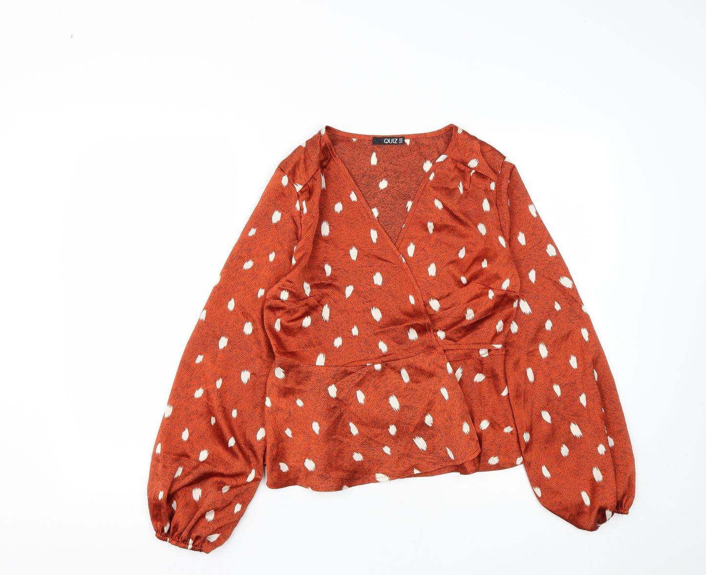 Quiz Womens Brown Polka Dot Polyester Wrap Blouse Size 8 V-Neck