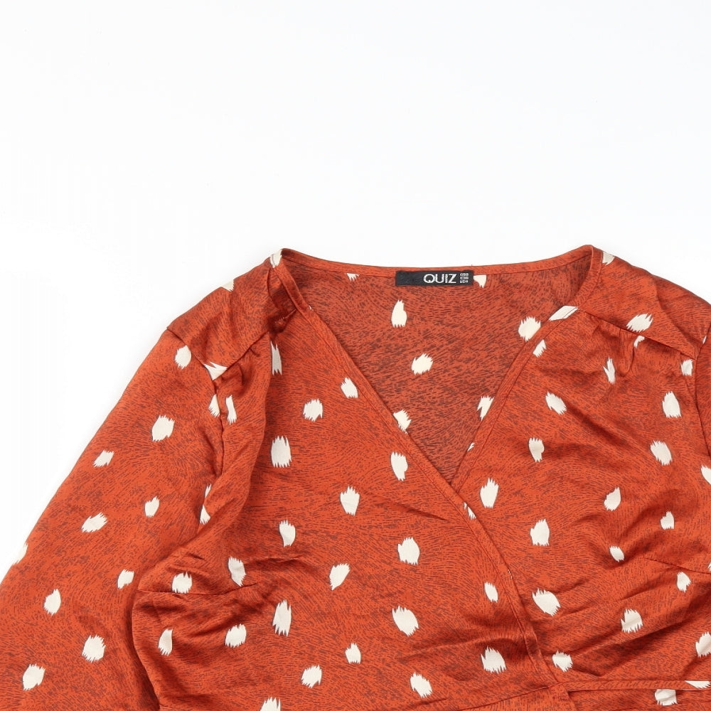 Quiz Womens Brown Polka Dot Polyester Wrap Blouse Size 8 V-Neck
