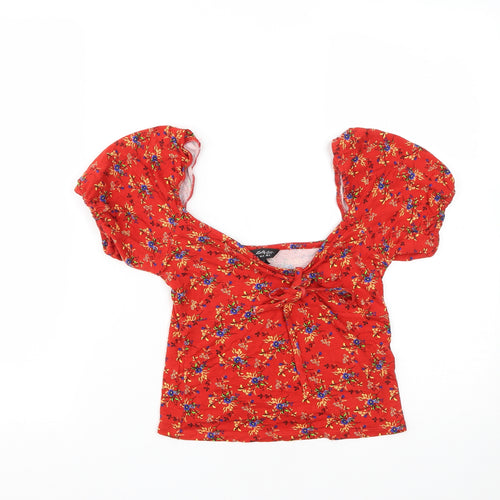 Miss Selfridge Womens Red Floral Viscose Cropped T-Shirt Size 8 Scoop Neck