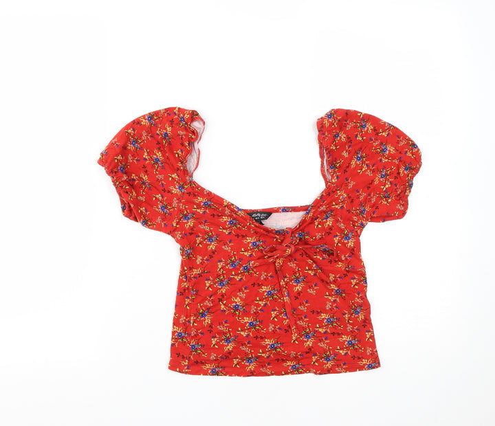 Miss Selfridge Womens Red Floral Viscose Cropped T-Shirt Size 8 Scoop Neck