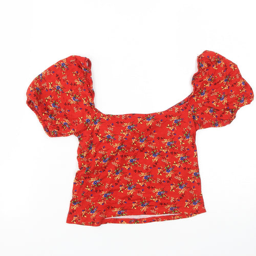 Miss Selfridge Womens Red Floral Viscose Cropped T-Shirt Size 8 Scoop Neck