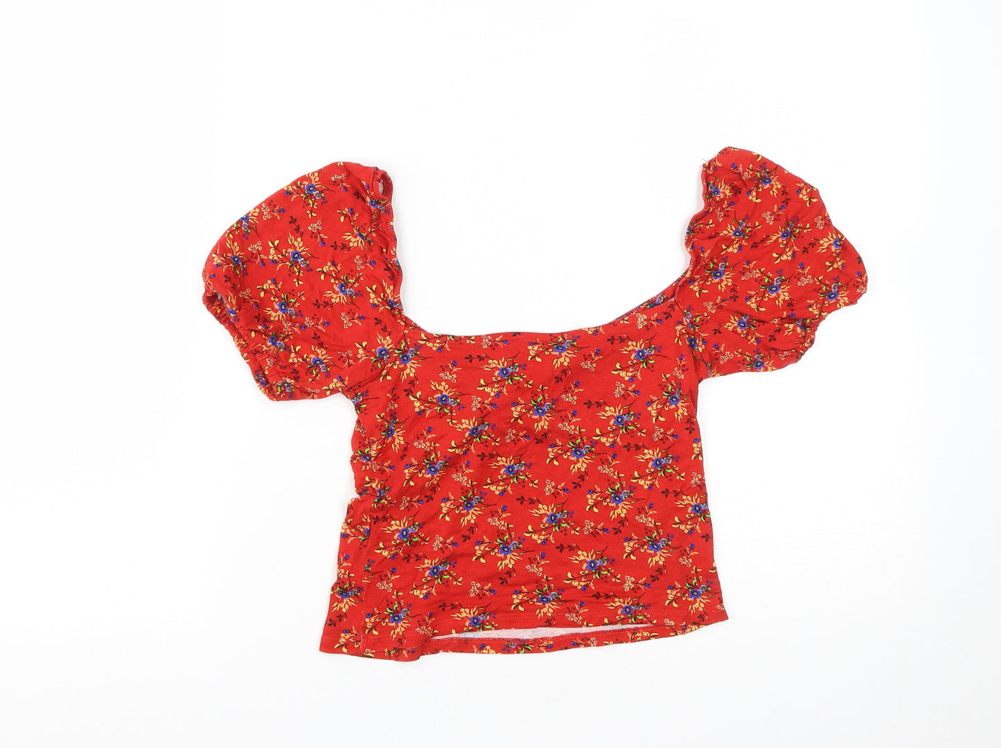 Miss Selfridge Womens Red Floral Viscose Cropped T-Shirt Size 8 Scoop Neck