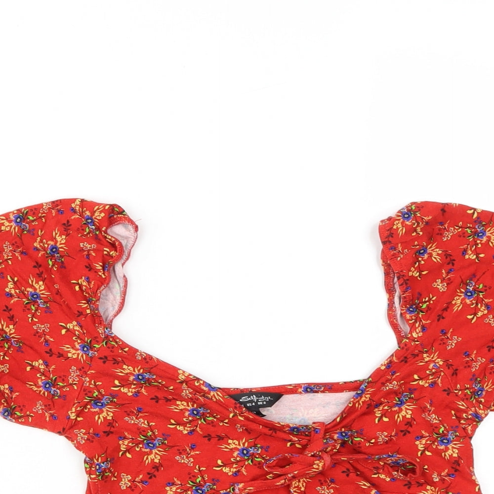 Miss Selfridge Womens Red Floral Viscose Cropped T-Shirt Size 8 Scoop Neck