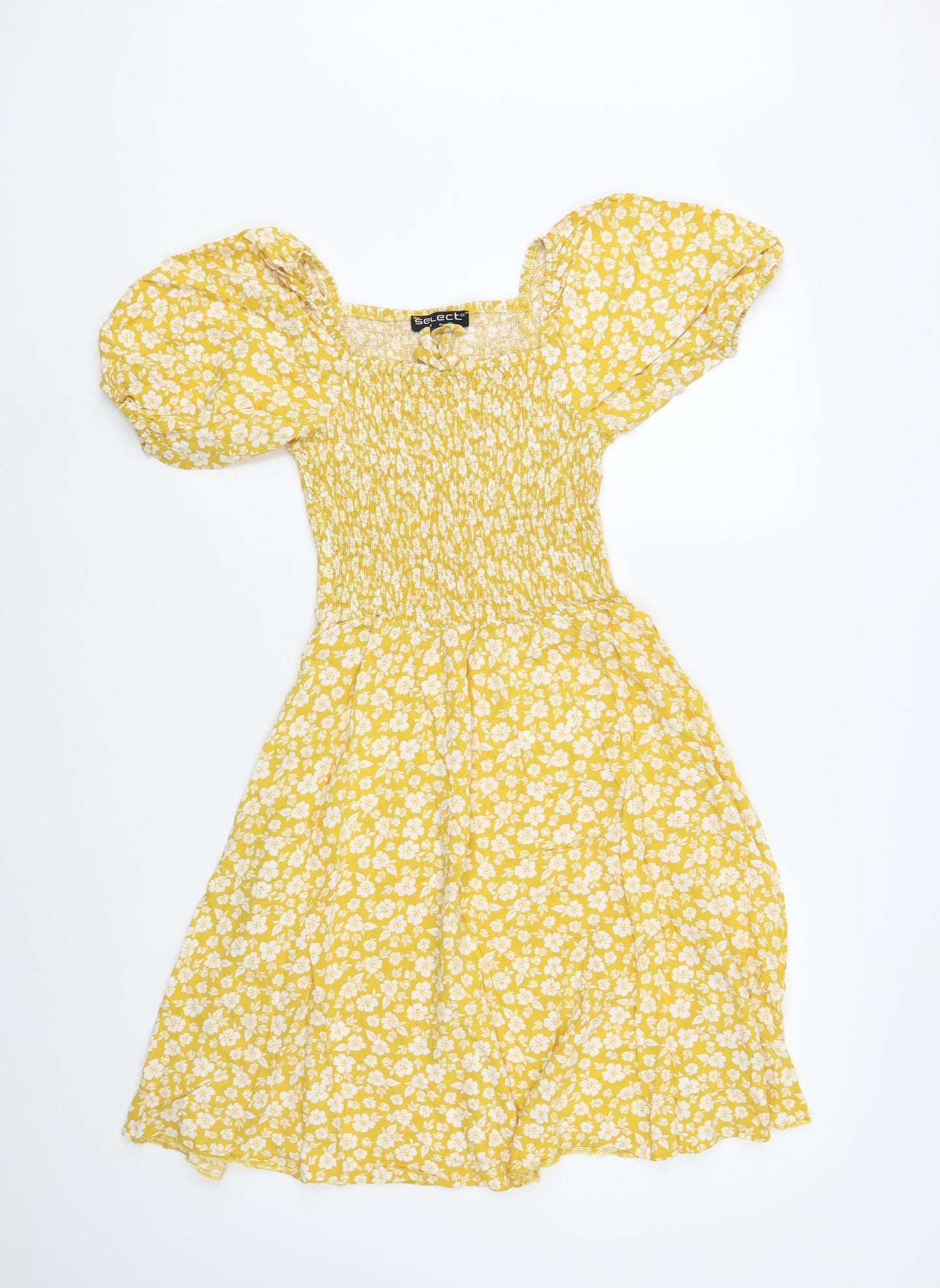 Select Womens Yellow Floral Viscose Fit & Flare  Size 8  Square Neck Pullover