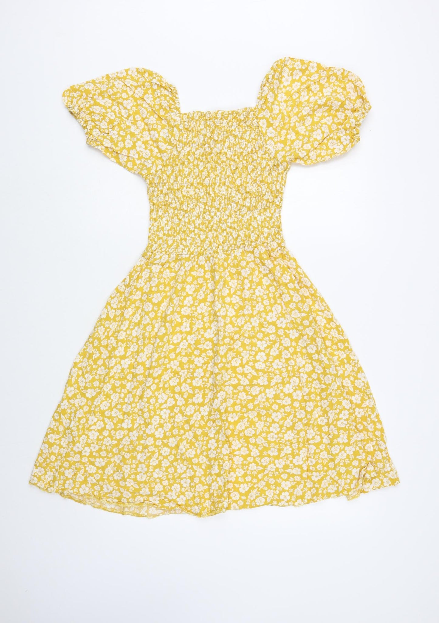 Select Womens Yellow Floral Viscose Fit & Flare  Size 8  Square Neck Pullover