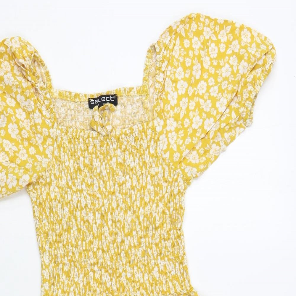 Select Womens Yellow Floral Viscose Fit & Flare  Size 8  Square Neck Pullover
