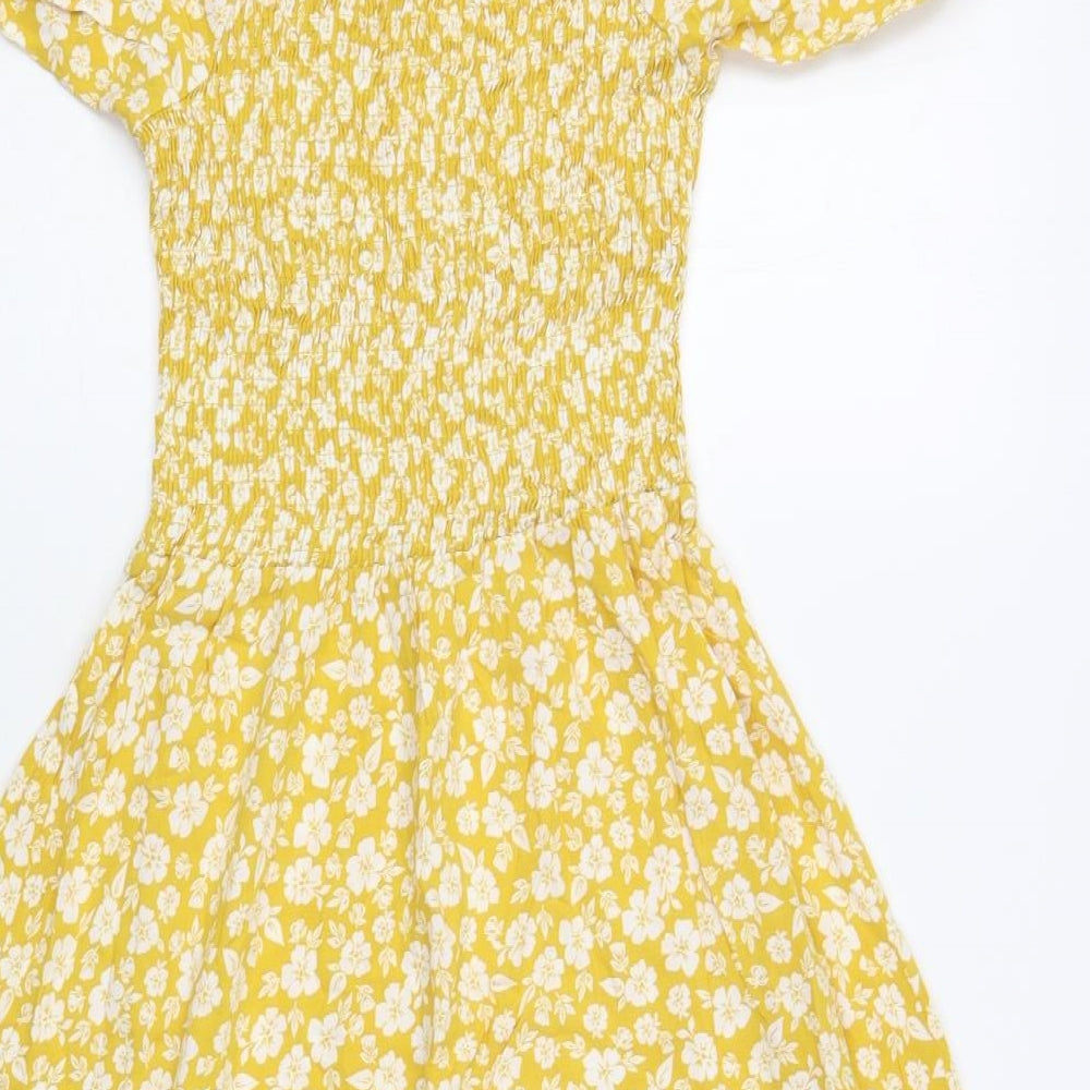 Select Womens Yellow Floral Viscose Fit & Flare  Size 8  Square Neck Pullover