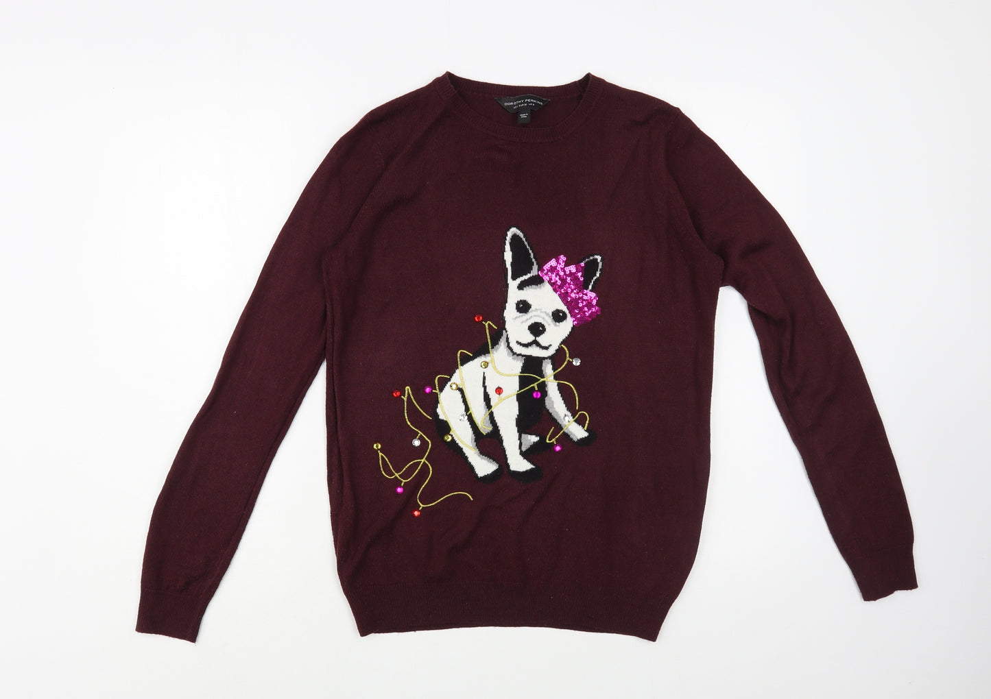 Dorothy Perkins Womens Purple Crew Neck  Acrylic Pullover Jumper Size 8   - Puppy Christmas