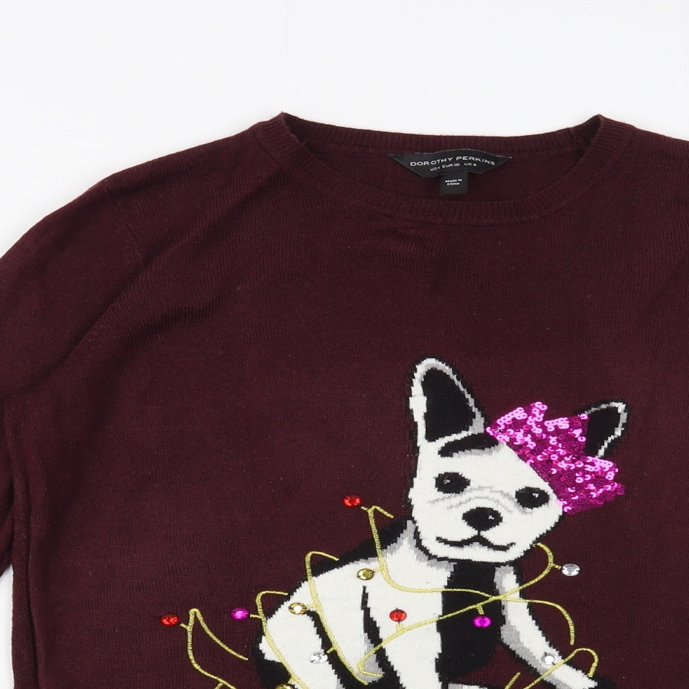 Dorothy Perkins Womens Purple Crew Neck  Acrylic Pullover Jumper Size 8   - Puppy Christmas