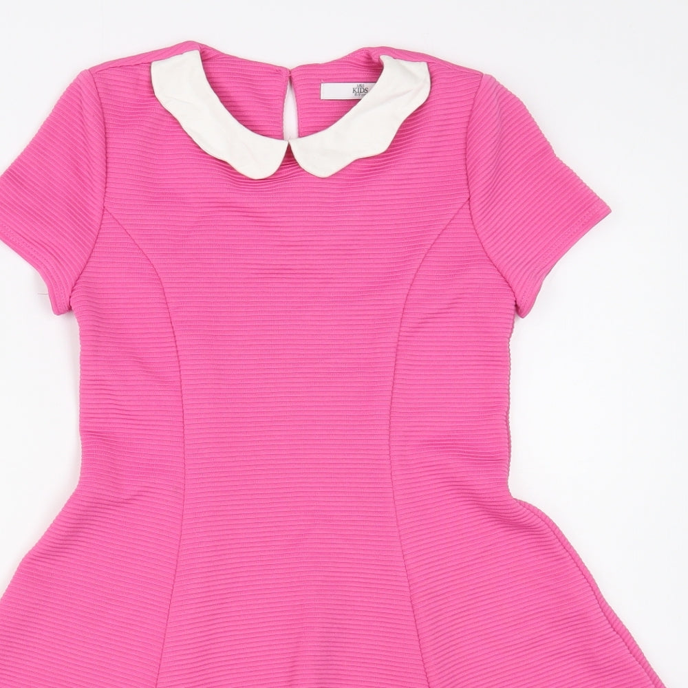 Marks and Spencer Girls Pink  Polyester Skater Dress  Size 8-9 Years  Collared Button