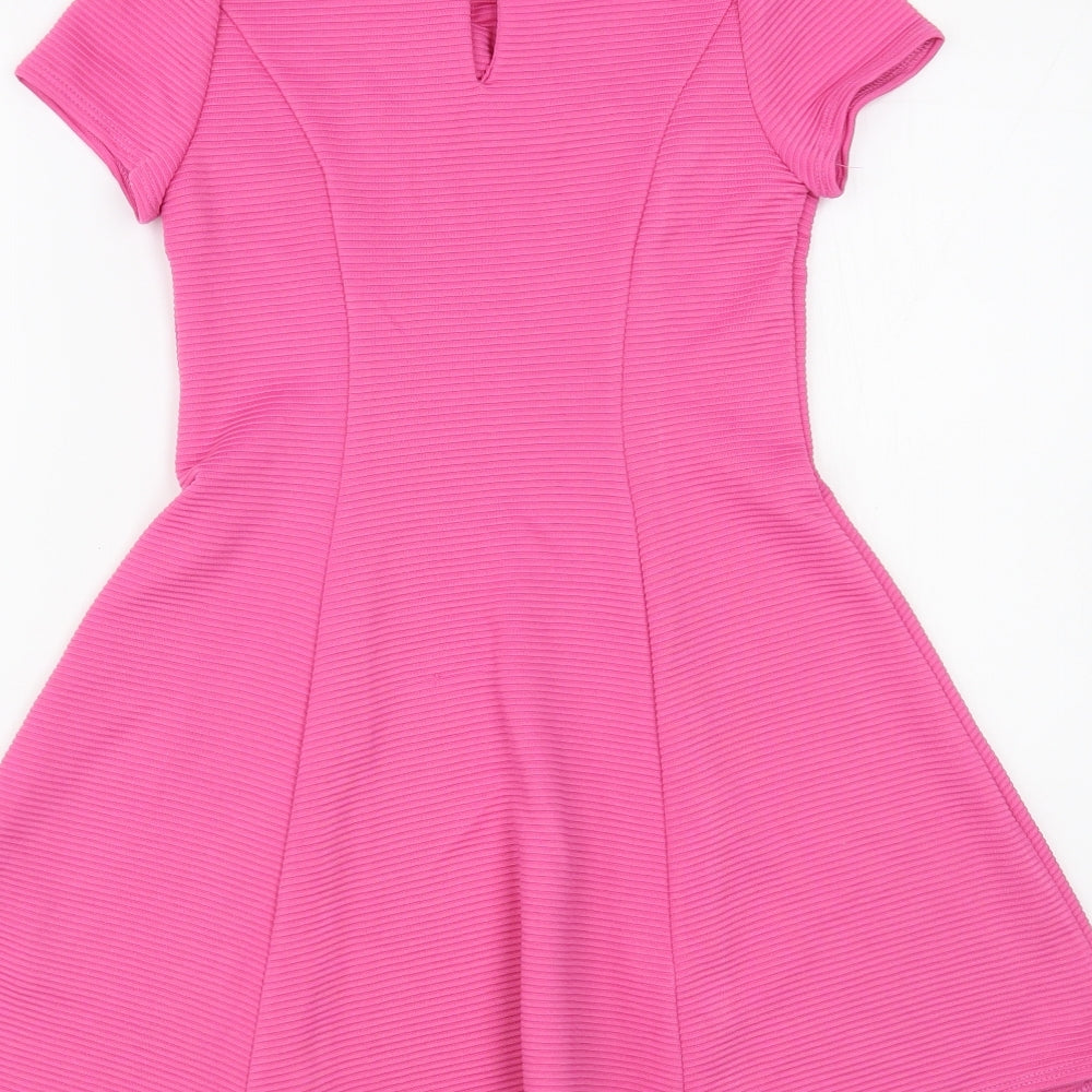 Marks and Spencer Girls Pink  Polyester Skater Dress  Size 8-9 Years  Collared Button