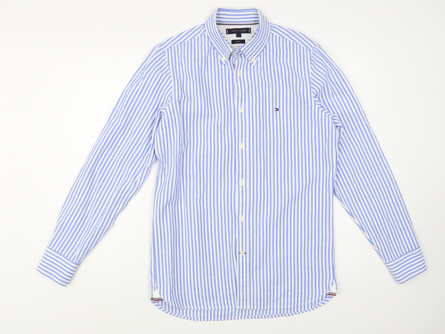 Tommy Hilfiger Mens Blue Striped Cotton  Button-Up Size S Collared Button