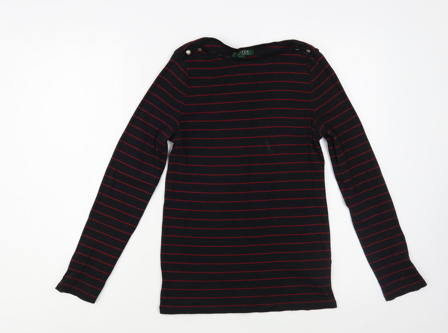 Ralph Lauren Womens Black Striped Cotton Basic T-Shirt Size M Boat Neck