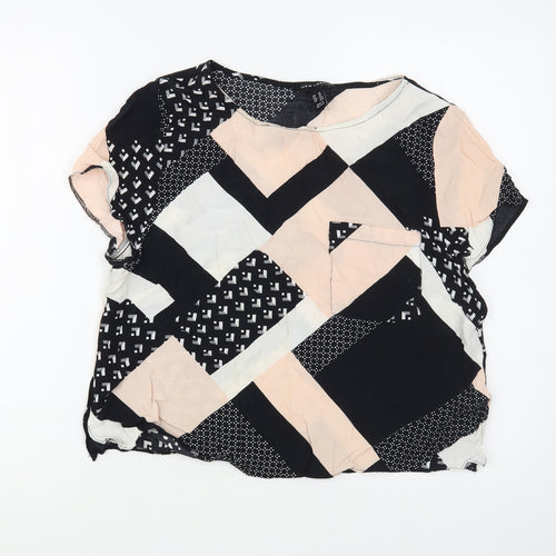 New Look Womens Black Geometric Viscose Basic Blouse Size 14 Boat Neck