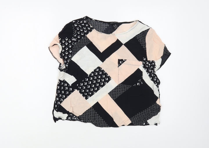 New Look Womens Black Geometric Viscose Basic Blouse Size 14 Boat Neck
