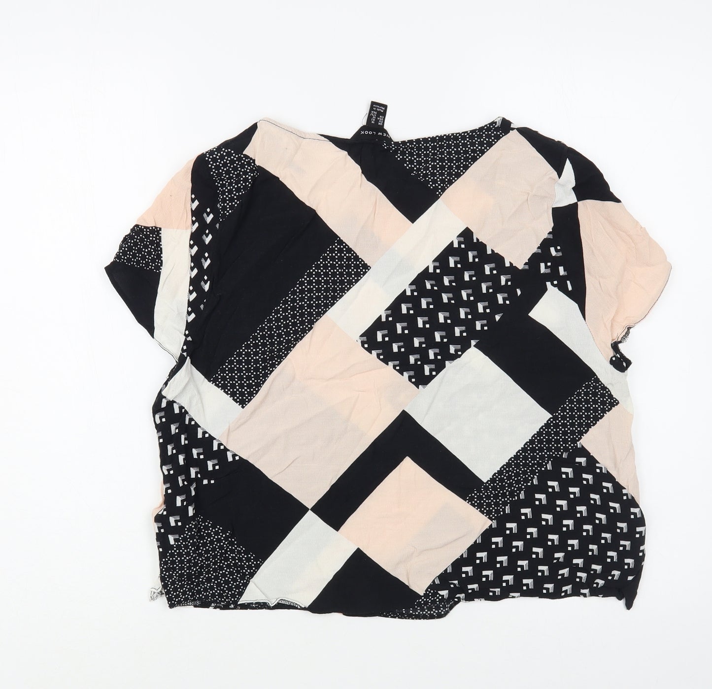 New Look Womens Black Geometric Viscose Basic Blouse Size 14 Boat Neck