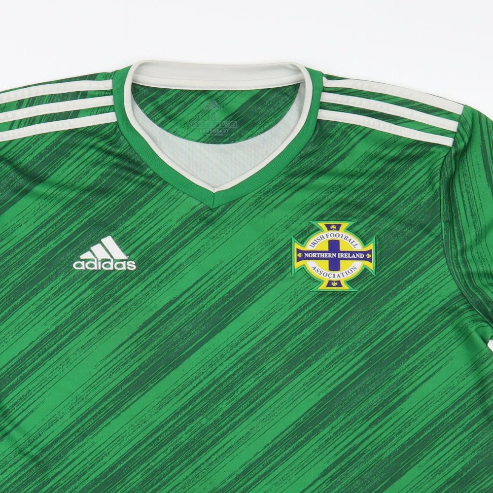 adidas Mens Green Striped Polyester  T-Shirt Size M V-Neck  - Irish Football Association