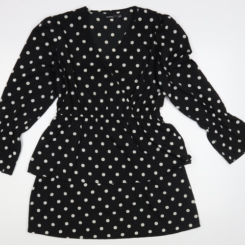 Boohoo Womens Black Polka Dot Polyester Fit & Flare  Size 10  V-Neck Pullover